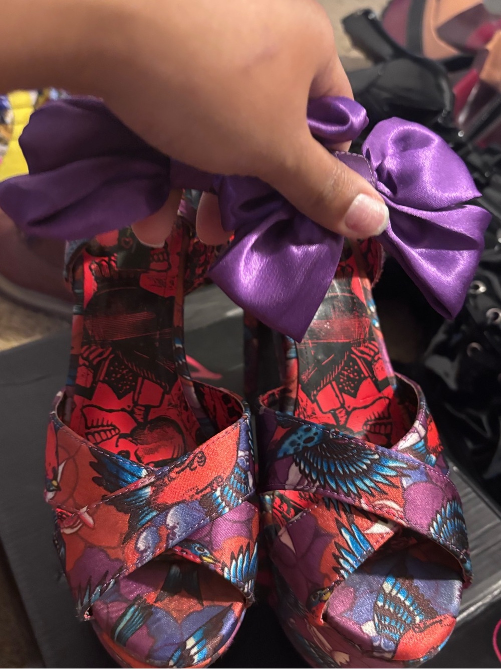 Dolls Kill Red Floral Platform Sandals with Purple Satin Bow